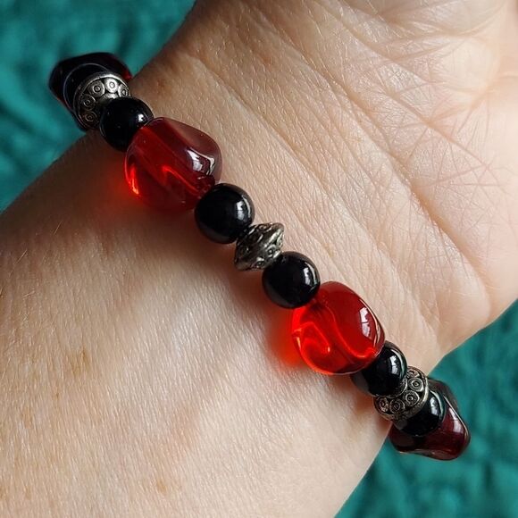 Handmade Red, Black, Silver Bracelet - Picture 7 of 12